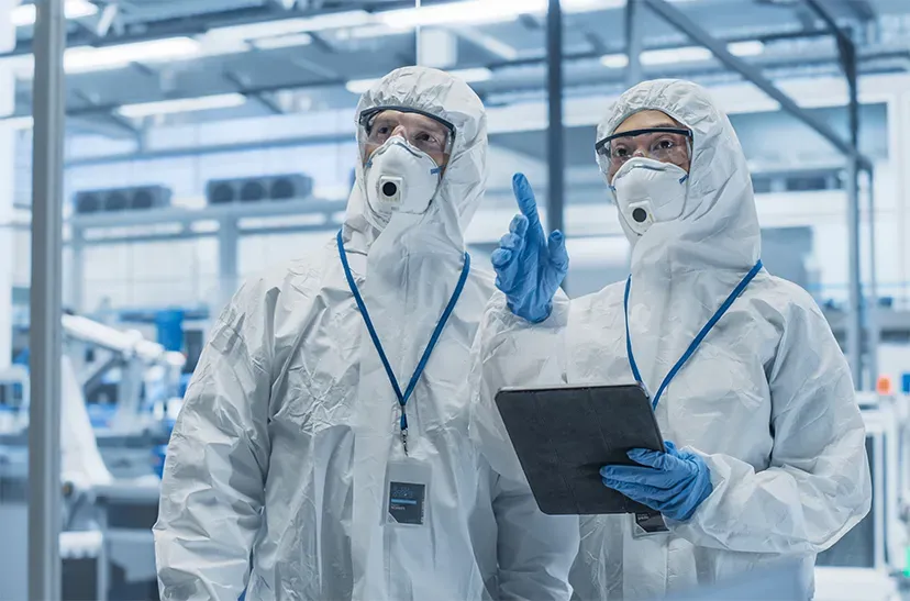 Two technicians in cleanroom suits on a semiconductor fab floor, one holding a tablet and pointing at equipment.