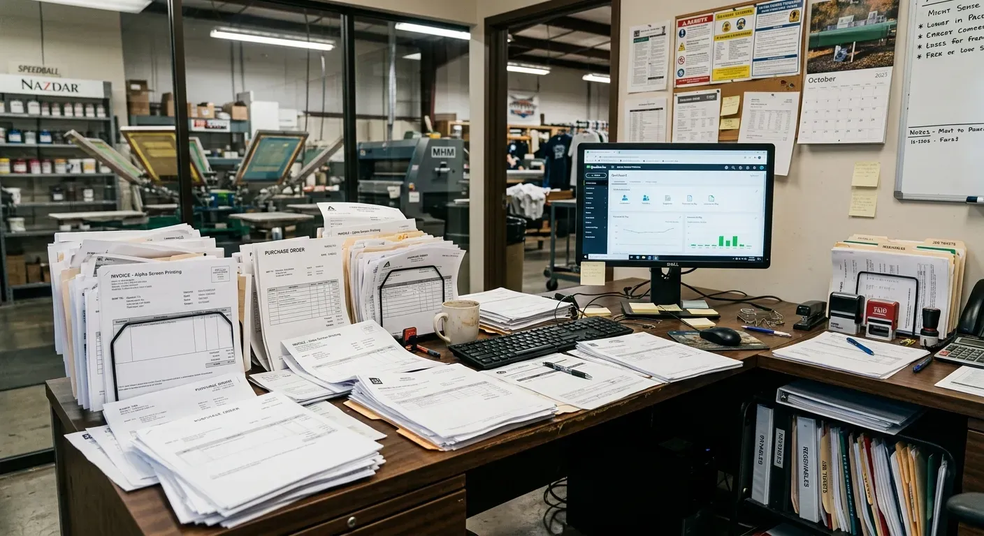 An accounting desk in a print shop, buried in stacks of paper invoices and purchase orders, with screen printing presses visible through the window behind it.